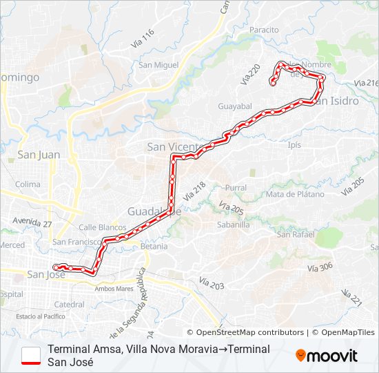 Mapa de SAN JOSÉ - MORAVIA - DULCE NOMBRE DE CORONADO de autobús