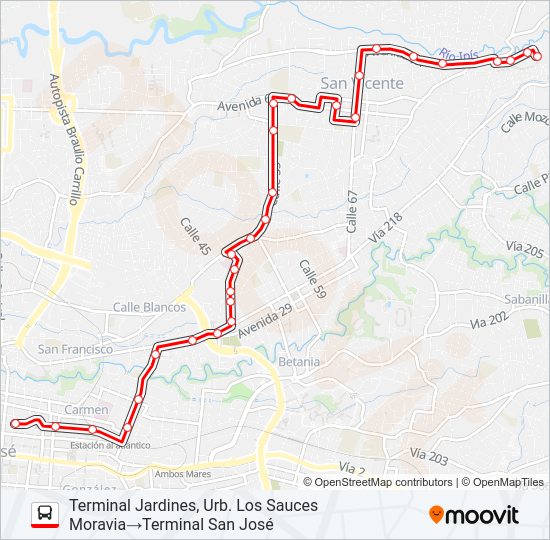 Mapa de SAN JOSÉ - MORAVIA - JARDINES POR PLAZA LINCOLN de autobús