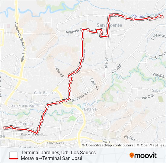 Mapa de SAN JOSÉ - MORAVIA - JARDINES POR PLAZA LINCOLN de autobús