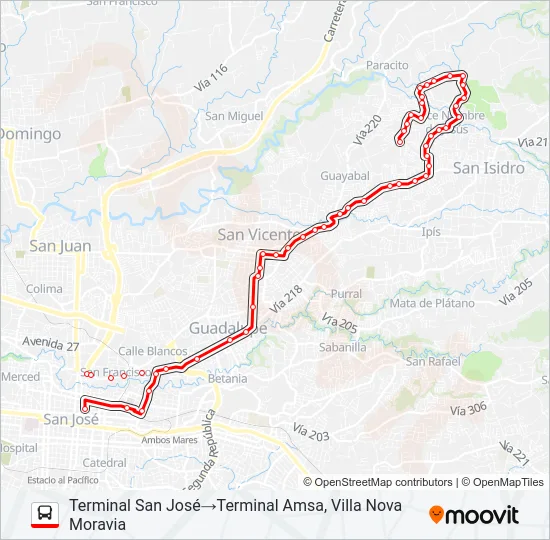 SAN JOSÉ - MORAVIA - DULCE NOMBRE DE CORONADO - LA GALLERA Bus Line Map