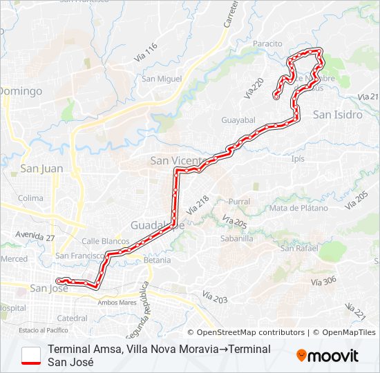 SAN JOSÉ - MORAVIA - DULCE NOMBRE DE CORONADO - LA GALLERA bus Line Map