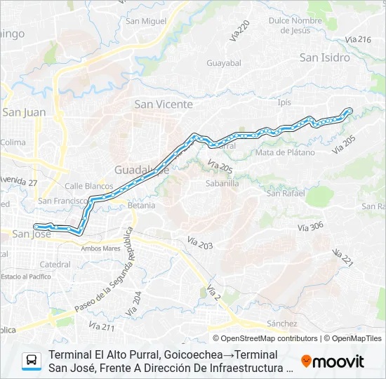 SAN JOSÉ - KURÚ - EL ALTO Bus Line Map