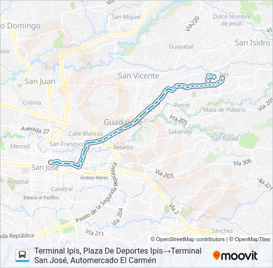 Mapa de SAN JOSÉ - GUADALUPE - MOZOTAL de autobús