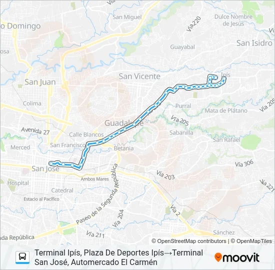 SAN JOSÉ - GUADALUPE - MOZOTAL Bus Line Map