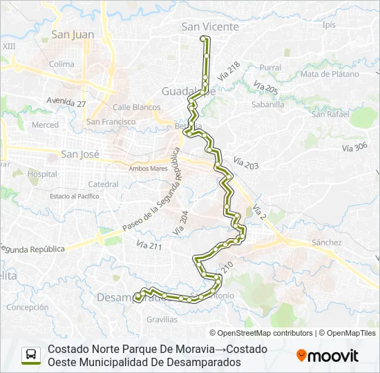 INTERLÍNEA DESAMPARADOS - MORAVIA Bus Line Map