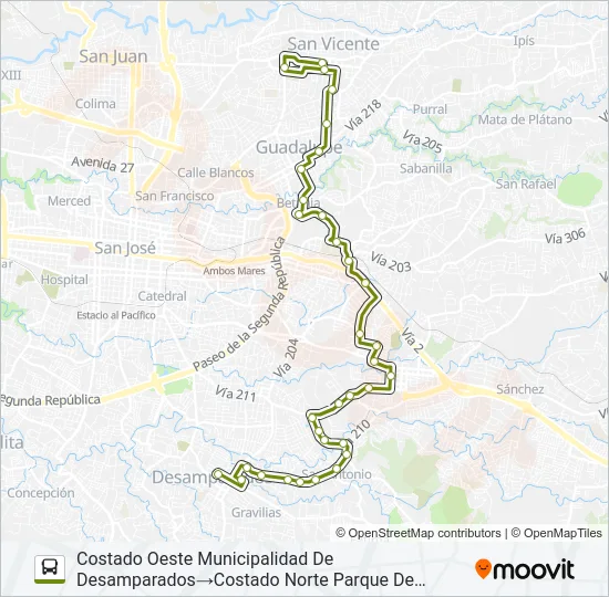INTERLÍNEA DESAMPARADOS - MORAVIA Bus Line Map