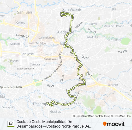 INTERLÍNEA DESAMPARADOS - MORAVIA bus Line Map