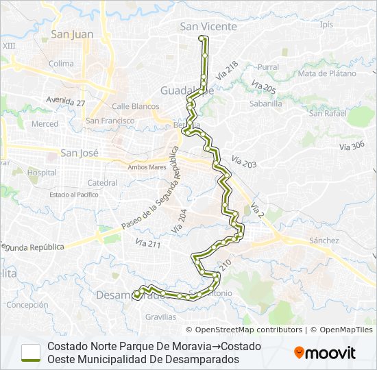 INTERLÍNEA DESAMPARADOS - MORAVIA bus Line Map