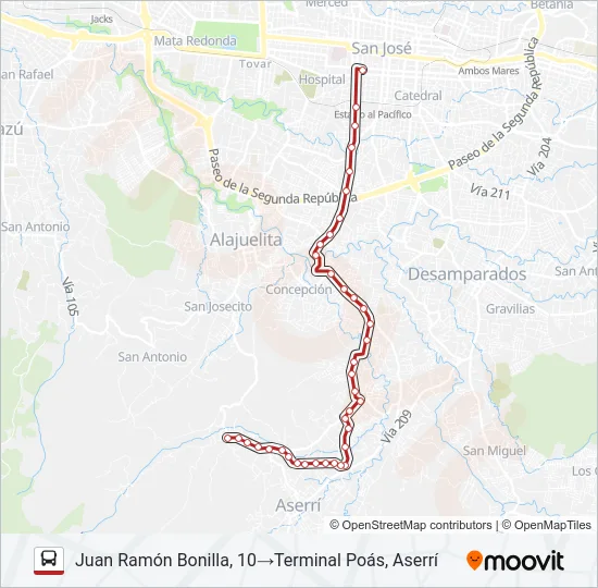 SAN JOSÉ - POÁS DE ASERRÍ Bus Line Map