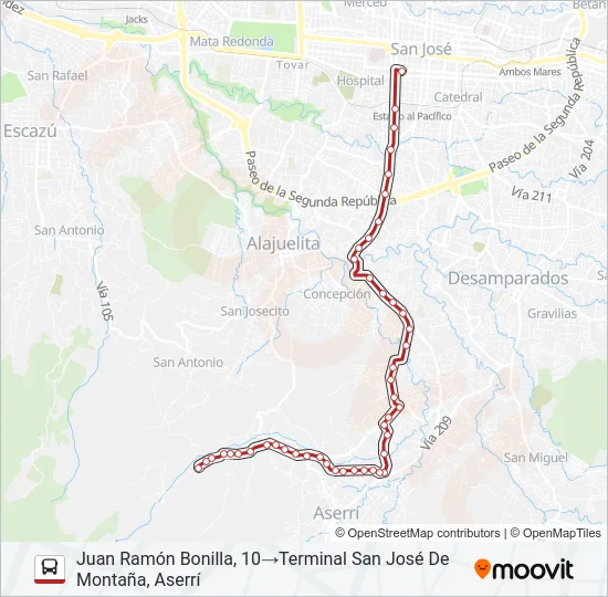 SAN JOSÉ - POÁS - SAN JOSÉ DE LA MONTAÑA Bus Line Map