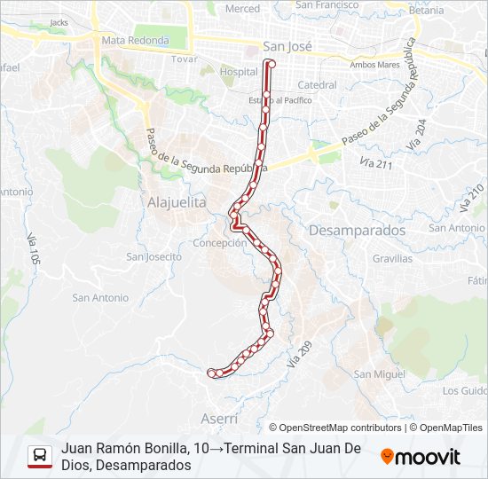Mapa de SAN JOSE - SAN JUAN DE DIOS DE DESAMPARADOS de autobús