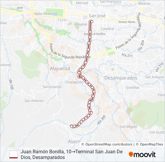 SAN JOSE - SAN JUAN DE DIOS DE DESAMPARADOS bus Line Map