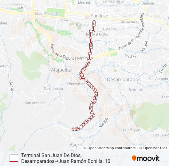 Mapa de SAN JOSE - SAN JUAN DE DIOS DE DESAMPARADOS de autobús