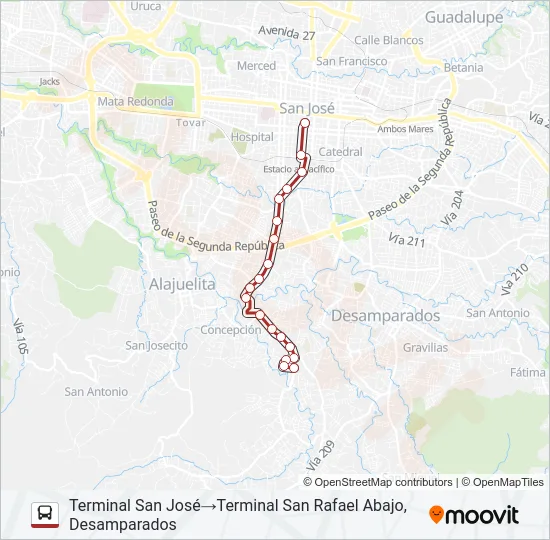 SAN JOSÉ - SAN RAFAEL ABAJO DE DESAMPARADOS Bus Line Map