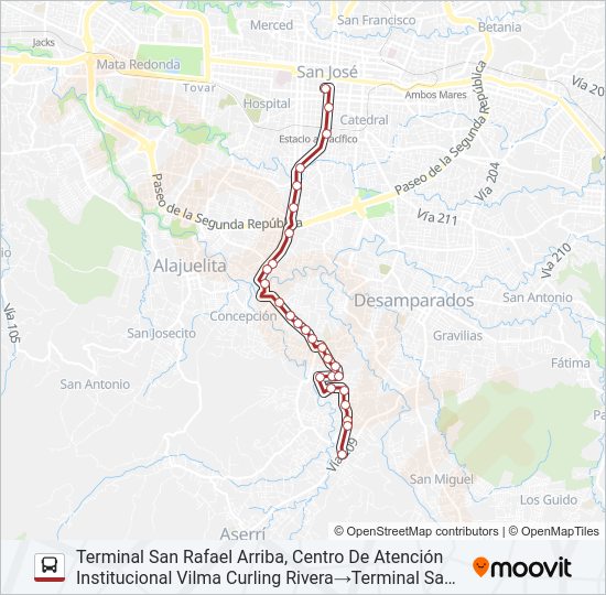 Mapa de SAN JOSÉ - SAN RAFAEL ARRIBA DE DESAMPARADOS de autobús