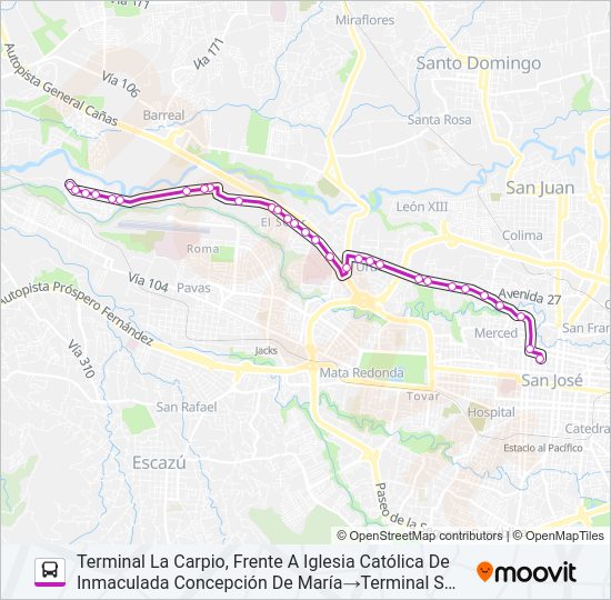Mapa de SAN JOSÉ - LA CARPIO POR LA URUCA de autobús