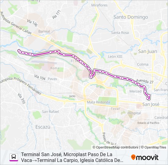 Mapa de SAN JOSÉ - LA CARPIO POR LA URUCA de autobús