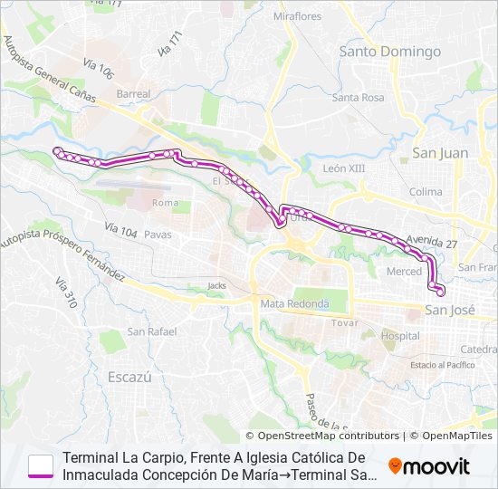 Mapa de SAN JOSÉ - LA CARPIO POR LA URUCA de autobús