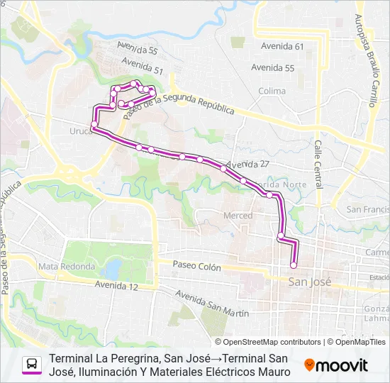 SAN JOSÉ - LA URUCA - LA PEREGRINA Bus Line Map