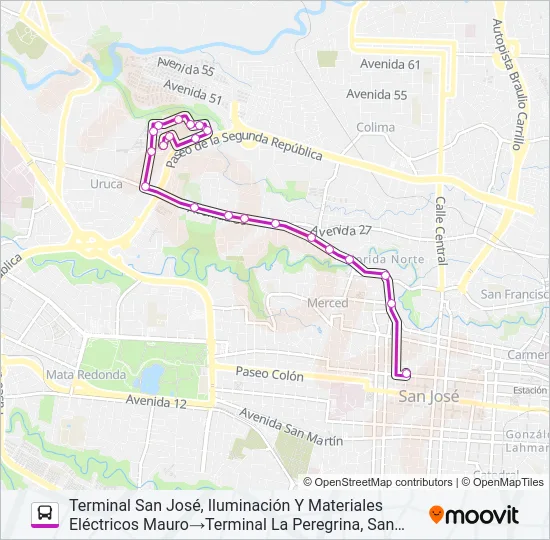 SAN JOSÉ - LA URUCA - LA PEREGRINA Bus Line Map