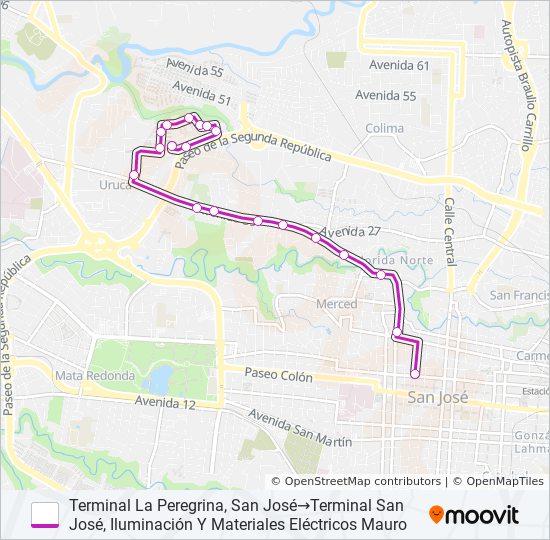 Mapa de SAN JOSÉ - LA URUCA - LA PEREGRINA de autobús
