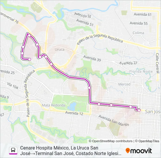 SAN JOSÉ - HOSPITAL MÉXICO POR PISTA Bus Line Map