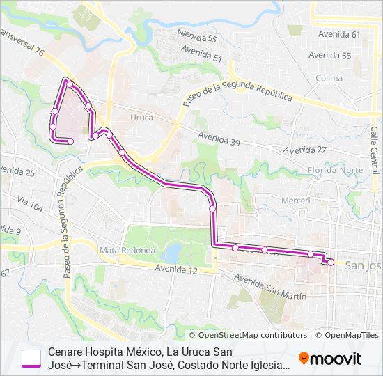 Mapa de SAN JOSÉ - HOSPITAL MÉXICO POR PISTA de autobús