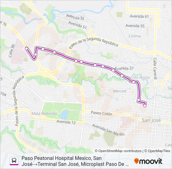 Mapa de SAN JOSÉ - HOSPITAL MÉXICO POR LA URUCA de autobús