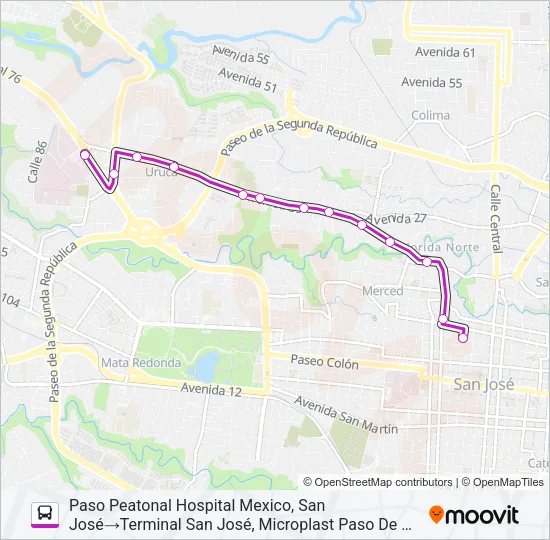 SAN JOSÉ - HOSPITAL MÉXICO POR LA URUCA Bus Line Map