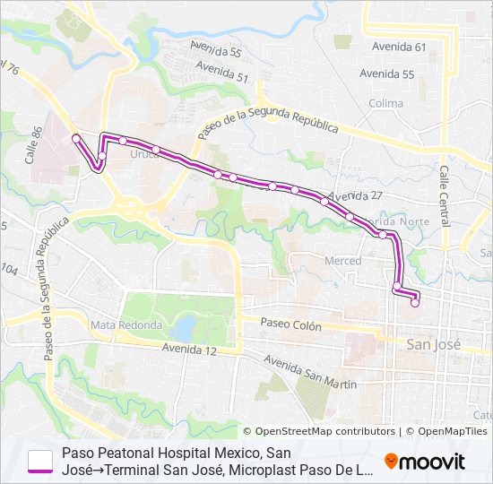 Mapa de SAN JOSÉ - HOSPITAL MÉXICO POR LA URUCA de autobús