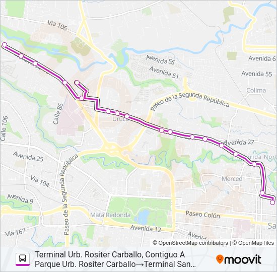 Mapa de SAN JOSE - URB. ROSSITER CARBALLO POR LA URUCA de autobús