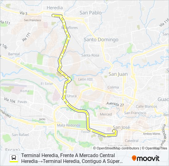 Mapa de HEREDIA - SAN JOSÉ POR PISTA de autobús