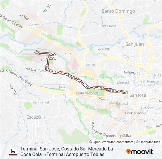 Mapa de SAN JOSÉ - BOULEVARD - AEROPUERTO TOBIAS BOLAÑOS de autobús