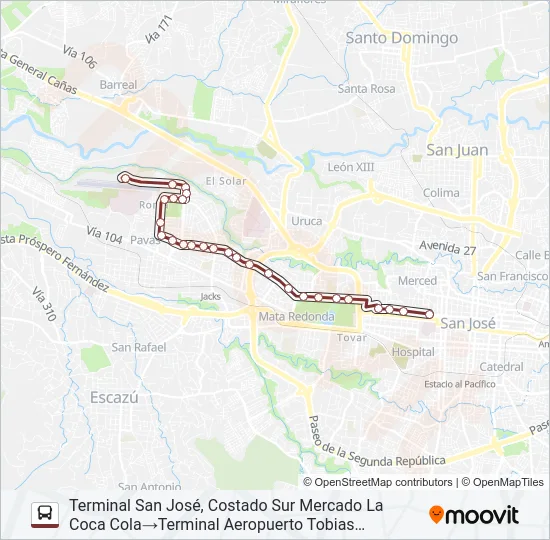 SAN JOSÉ - BOULEVARD - AEROPUERTO TOBIAS BOLAÑOS Bus Line Map