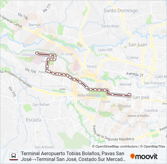 Mapa de SAN JOSÉ - BOULEVARD - AEROPUERTO TOBIAS BOLAÑOS de autobús