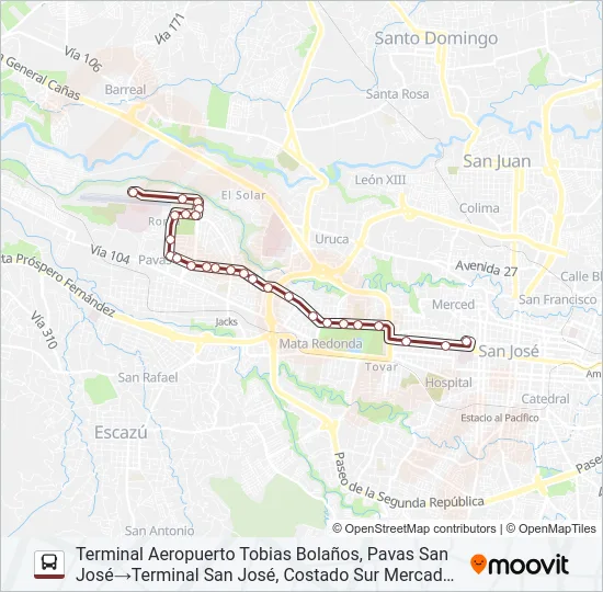 SAN JOSÉ - BOULEVARD - AEROPUERTO TOBIAS BOLAÑOS Bus Line Map