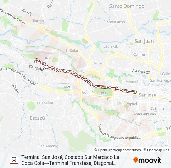 SAN JOSÉ - PAVAS - BOULEVARD - HOSPITAL PSIQUIÁTRICO Bus Line Map