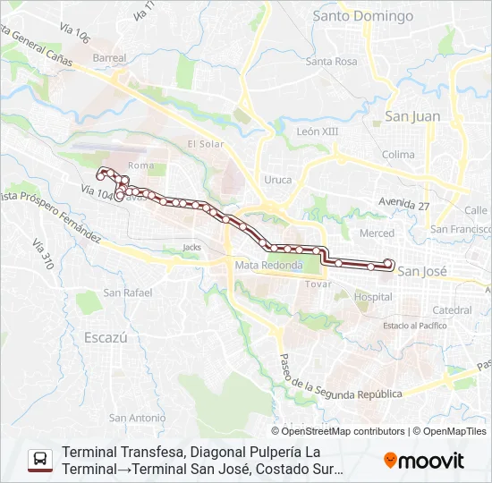 SAN JOSÉ - PAVAS - BOULEVARD - HOSPITAL PSIQUIÁTRICO Bus Line Map