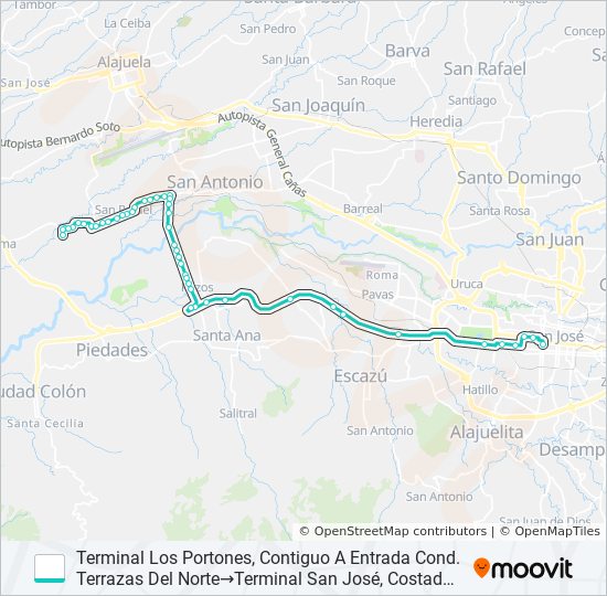 Mapa de SAN JOSÉ - LINDORA - LA GUÁCIMA Y RAMALES de autobús