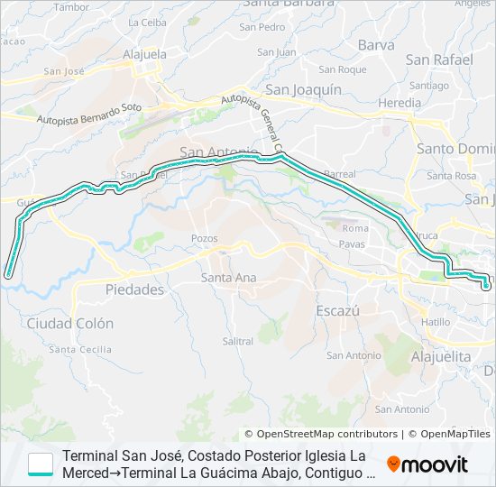 san josé la guácima y ramales por san antonio belén Route: Schedules, Stops  & Maps - Terminal San José, Costado Posterior Iglesia La Merced‎→Terminal  La Guácima Abajo, Contiguo A Entrada Cond. Natura