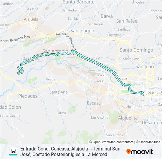 Mapa de SAN JOSÉ - LA GUÁCIMA Y RAMALES POR SAN ANTONIO BELÉN de autobús