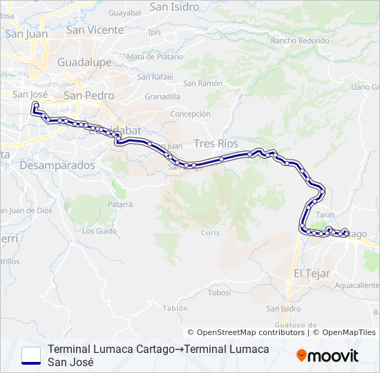 SAN JOSÉ - ZAPOTE - PISTA - LA LIMA - CARTAGO bus Line Map