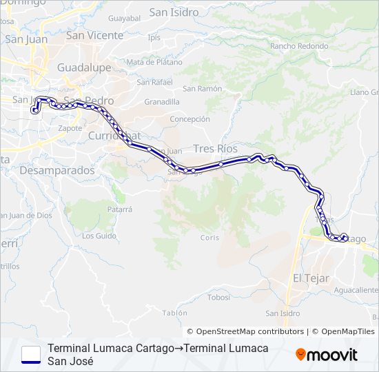 SAN JOSÉ - SAN PEDRO - PISTA - TARAS - CARTAGO bus Line Map