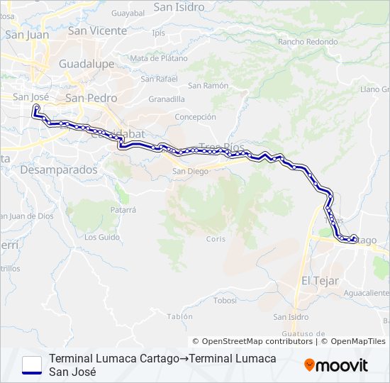 SAN JOSÉ - ZAPOTE - TRES RÍOS - TARAS - CARTAGO bus Line Map