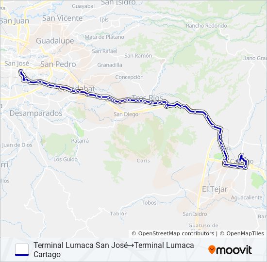 SAN JOSÉ - ZAPOTE - TRES RÍOS - TARAS - CARTAGO bus Line Map