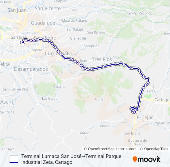 Mapa de SAN JOSÉ - PARQUE INDUSTRIAL CARTAGO (ESPECIALES) de autobús