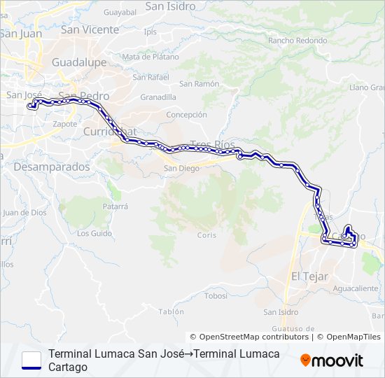 SAN JOSÉ - SAN PEDRO - TRES RÍOS - TARAS - CARTAGO bus Line Map