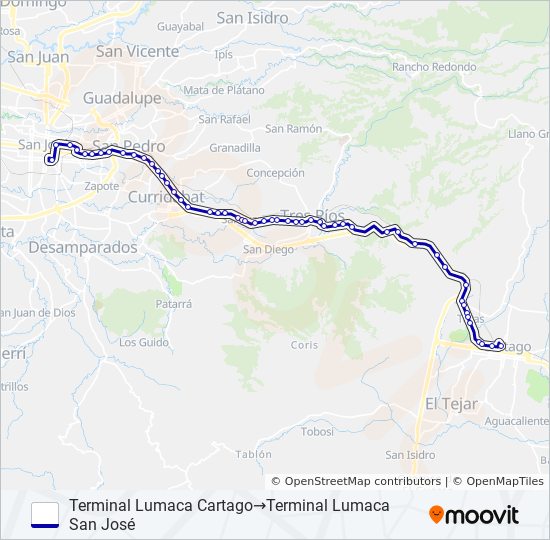 SAN JOSÉ - SAN PEDRO - TRES RÍOS - TARAS - CARTAGO bus Line Map
