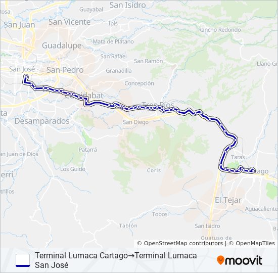 SAN JOSÉ - ZAPORTE - TRES RÍOS - LA LIMA - CARTAGO bus Line Map