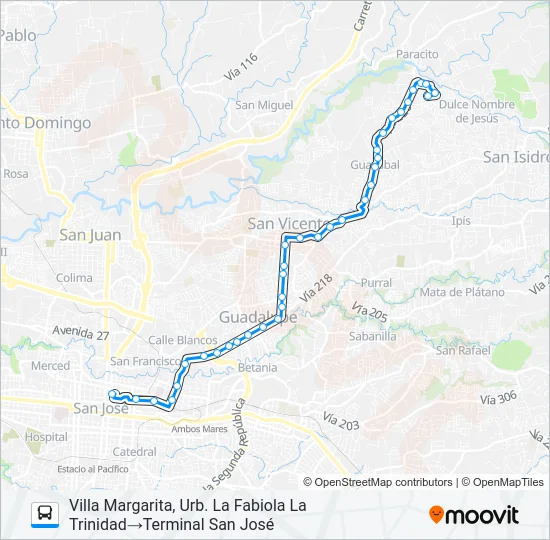 SAN JOSÉ - LA TRINIDAD DE MORAVIA Bus Line Map